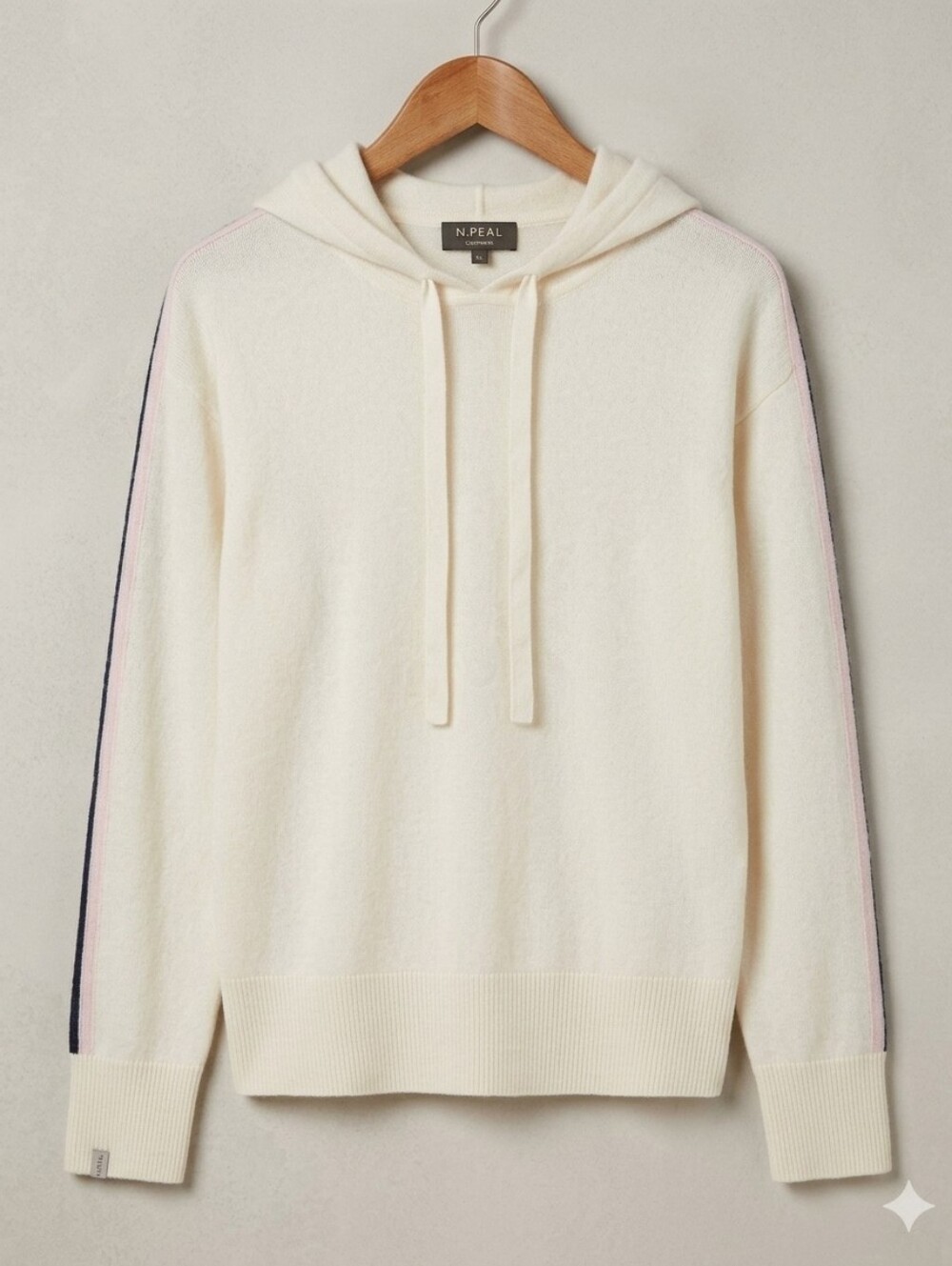N. Peal Cream Arm Stripe 100% Organic Cashmere Pullover Hoodie